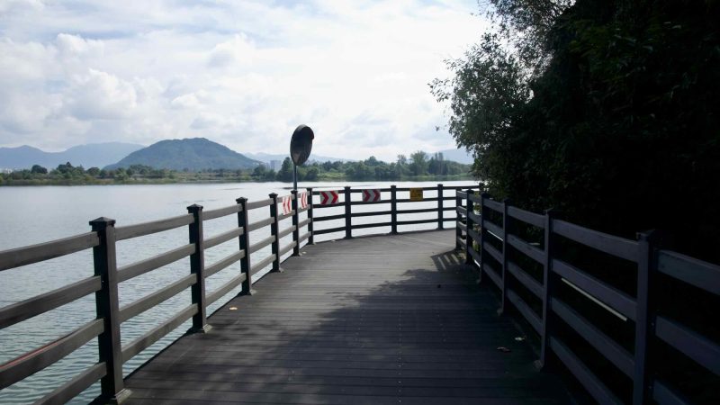 Convex mirror and chevrons mark a bend on the Uiam Lake boardwalk.