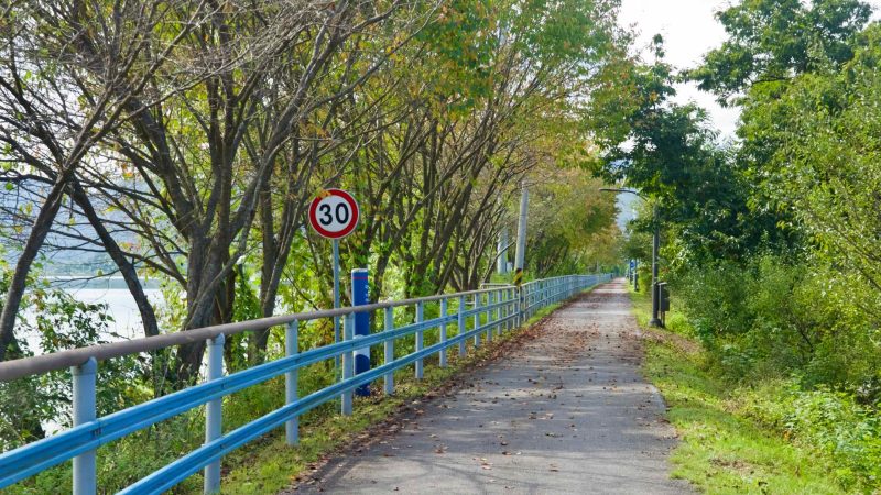 30-km speed limit sign beside the tree-lined Bukhangang Bike Path with blue guardrails.