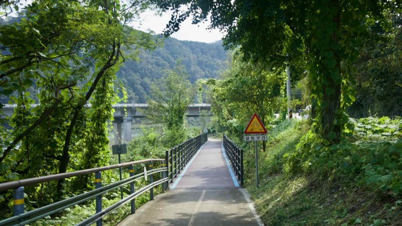 A shaded riverside path passes a caution sign with the dam beyond the trees.