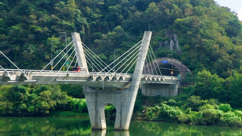The bridge’s tilted towers and tunnel portal rise above the Bukhangang.