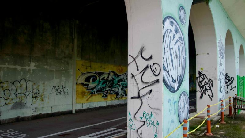 Graffiti and murals brighten the riverside arcade beside the former Gyeongchun Line at Gangchon.