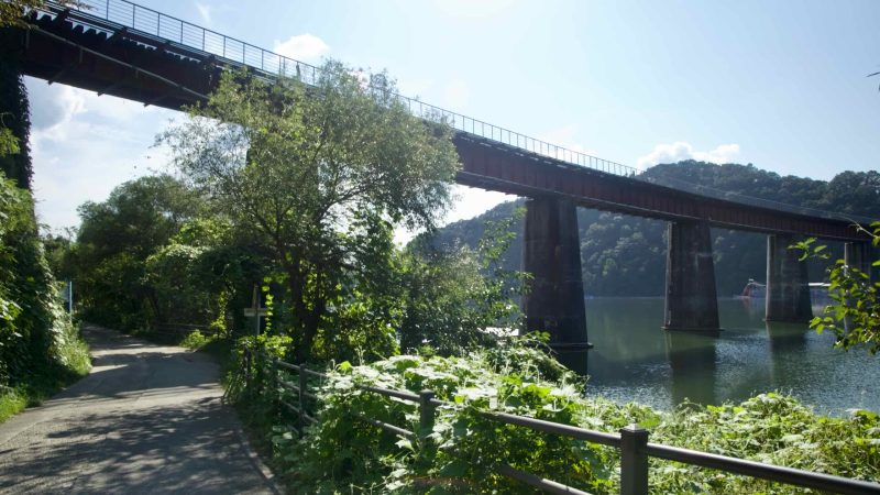 Floating decks and red stairs sit below a high road bridge.