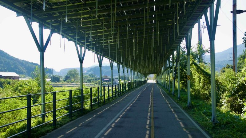 Under the solar roof, the Bukhangang Bike Path runs straight through farms along Daljeon Stream.