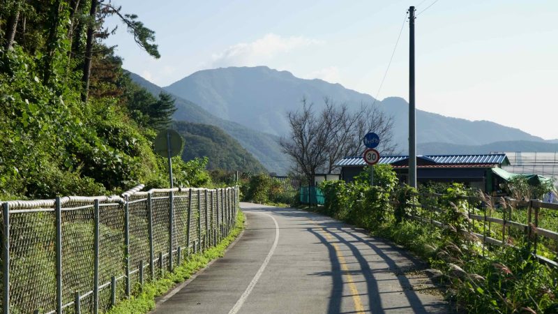 A curving lane with bicycle and speed signs leads toward distant mountains.