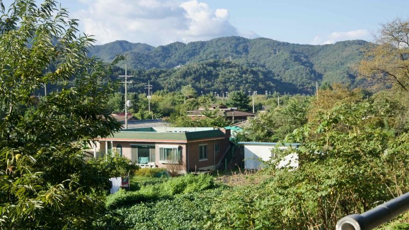 Homes and gardens sit below forested hills at Sangcheon Village on the Bukhangang Bicycle Path near Gapyeong, with fields stretching to the river.