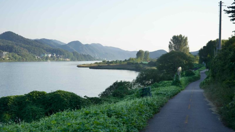 A bike path skirts a bend of the North Han River near Gapyeong under clear afternoon skies.