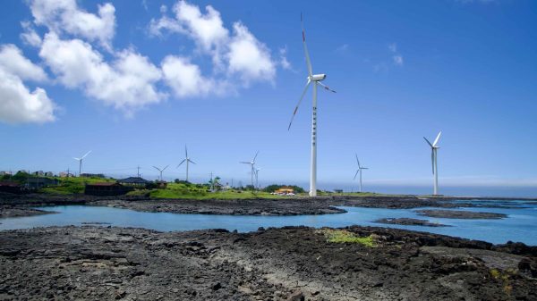 Rows of wind turbines sweep over Jeju’s black‑lava shoreline at Sinchang.