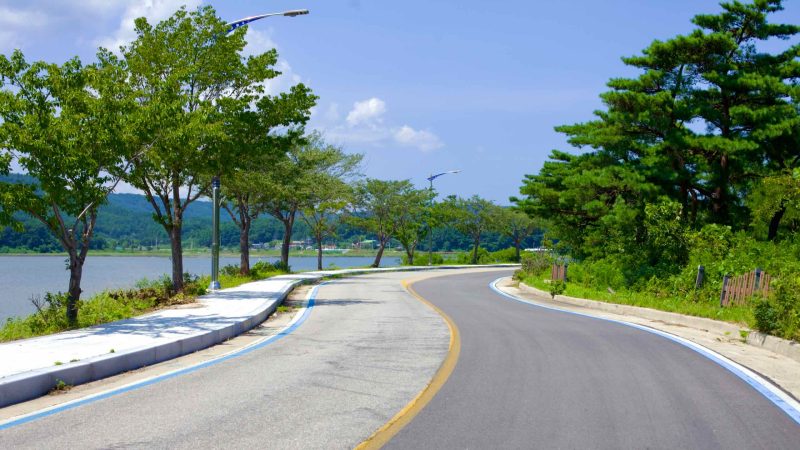 A two-lane road adorned with blue lines designates a cycling route alongside Hwajinpo Lake, where trees line the path.