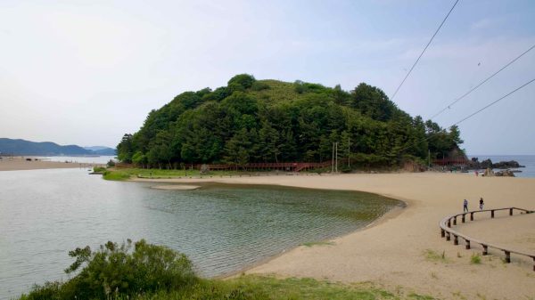 Deokbong Mountain rises beside a calm lagoon and sandy beach, with wooden walkways winding along the forested slope and shoreline near the East Sea.