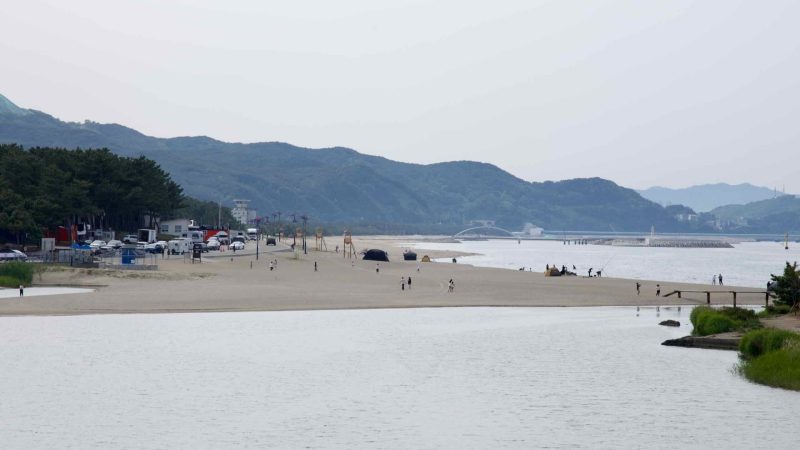Campers and beachgoers dot the wide stretch of Maengbang Beach, as pine groves, lifeguard towers, and breakwaters line the coast under hazy mountain silhouettes.