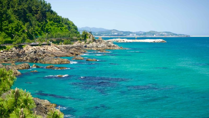 A view of Isabu Road's coastal stretch from the observation deck at Beach Sculpture Park, showcasing the turquoise waters and rugged coastline.