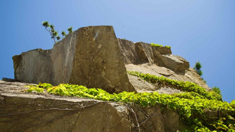 A close-up view of a rocky cliff adorned with green vegetation along Isabu Road.