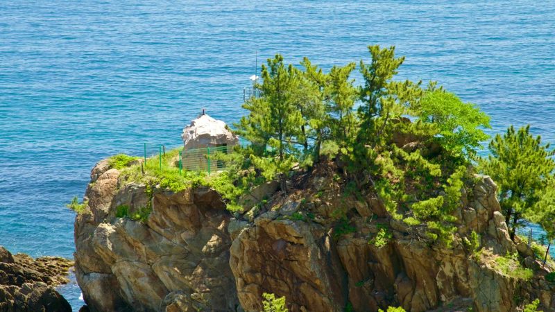 A rocky cliffside adorned with pine trees overlooks the East Sea along Isabu Road.
