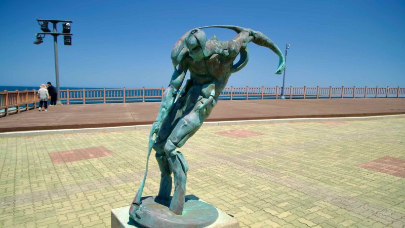 A modern sculpture stands at Beach Sculpture Park along Isabu Road.