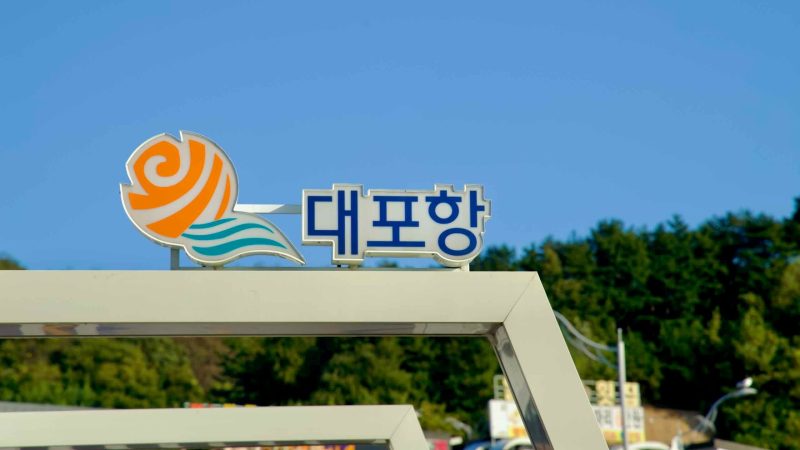 Daepo Port sign displayed prominently at the entrance gate along the waterfront promenade, welcoming visitors to this bustling fishing and tourist port.