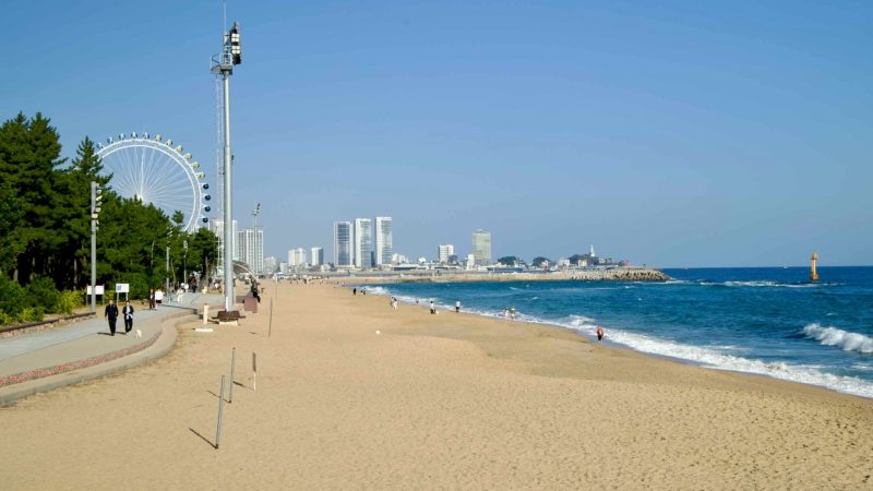 A panoramic view of Sokcho Beach with its sandy shore, Sokcho Eye Ferris wheel, and the modern city skyline in the distance under a clear blue sky.