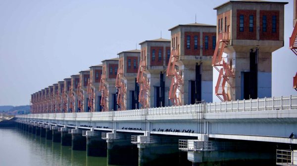 Control towers at the Geum River Estuary Bank, an essential flood control structure.