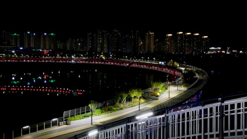 A sweeping view of the curved Geumgang Pedestrian Bridge lit at night.