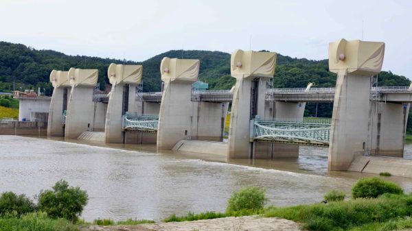 Gongju Weir on the Geum River features towering concrete gates designed for flood prevention.