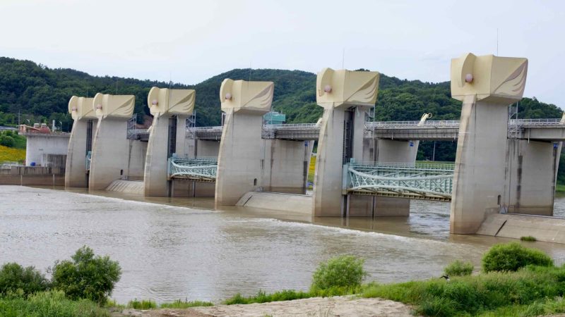 Gongju Weir on the Geum River features towering concrete gates designed for flood prevention.
