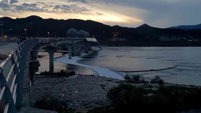 The Ipo-bo Weir on the Hangang Bike Path in Yeoju City, South Korea.