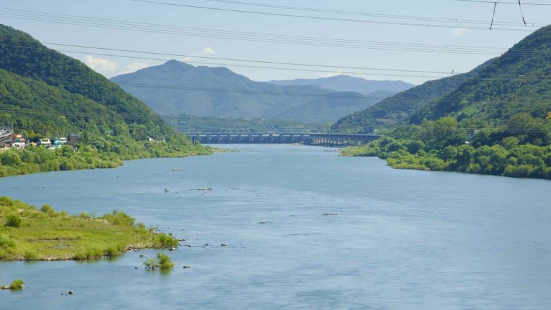 A picture of the Paldang Dam in Namyangju City on the Han River beside the Hangang Bike Path.