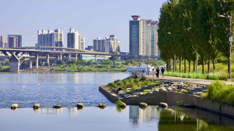 A bridge crosses the Tan Stream near the Jamsil Hangang Park (잠실한강공원; map) near Jamsil Sports Complex in Seoul.