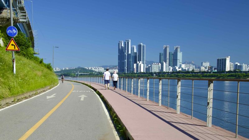 A picture of the bike path in Jamwon Hangang Park (잠원한강공원) in Seoul, South Korea.