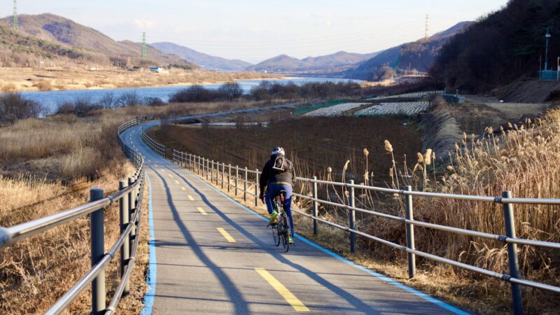 A picture of the Hangang Bike Path (한강자전거길) near South Han River Bridge in Chungju City, South Korea.