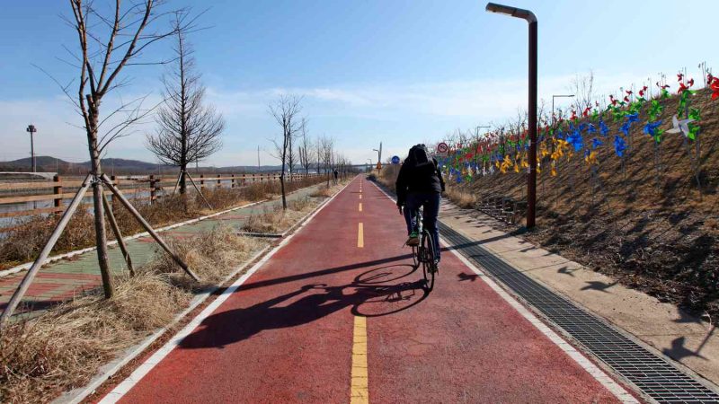 A biker on the Ara Bike Path in Incheon, South Korea.