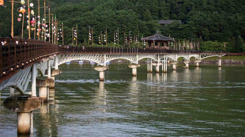 A picture of Woryeong Bridge (월영교) on the Nakdong River in Andong City, South Korea.