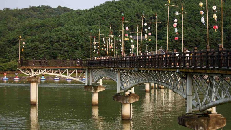 A picture of Woryeong Bridge (월영교) on the Nakdong River in Andong City, South Korea.