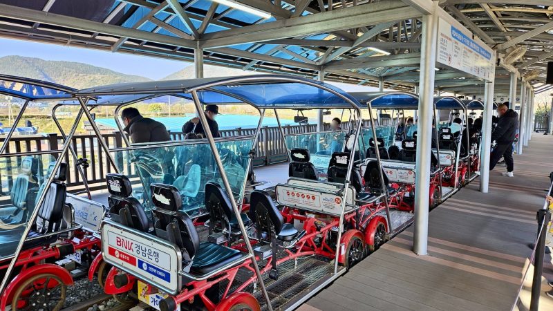 A picture of rail bikes on Sinnakdong Steel Bridge (신낙동강철교) over the Nakdong River (낙동강) between Gimhae and Miryang Cities, South Korea.