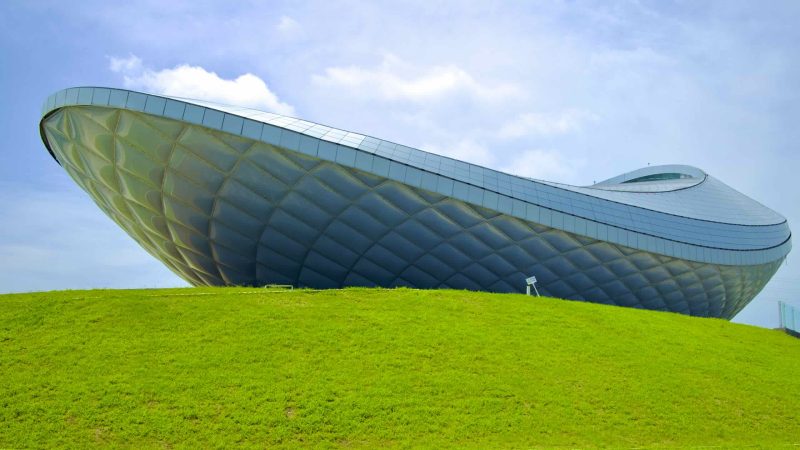 A picture of The ARC Cultural Center (디아크문화관) along the Nakdonggang Bike Path and Nakdong River in Daegu, South Korea.