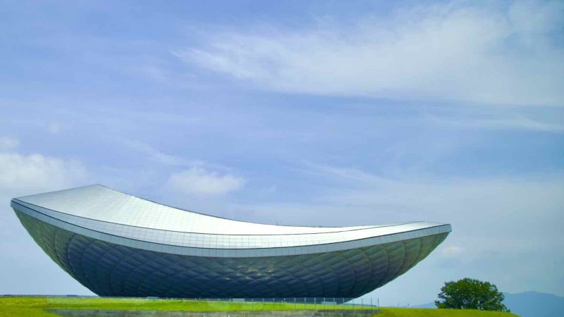 A picture of The ARC Cultural Center (디아크문화관) along the Nakdonggang Bike Path and Nakdong River in Daegu, South Korea.