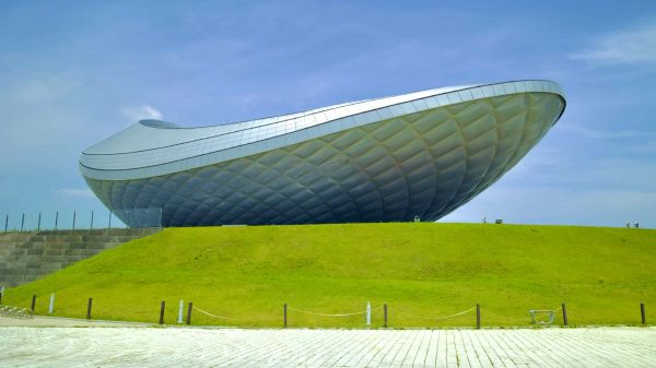 A picture of The ARC Cultural Center (디아크문화관) along the Nakdonggang Bike Path and Nakdong River in Daegu, South Korea.