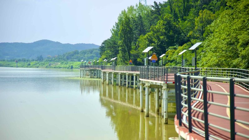 A picture of a raised cycling path that leads to Gangjeong Goryeong Weir (강정고령보) along the Nakdong River in Daegu, South Korea.