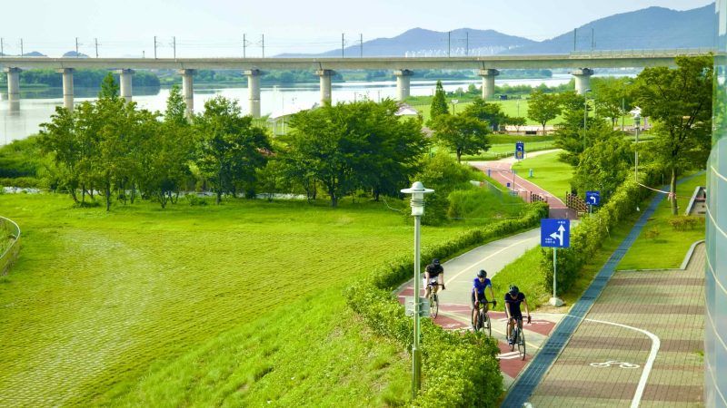 A picture of Chilgok Eco Park (칠곡보생태공원) in Waegwan Town (왜관읍) along the Nakdonggang Bike Path.
