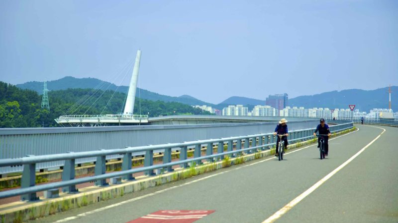 A picture of Gangjeong Goryeong Weir (강정고령보) along the Nakdong River in Daegu, South Korea.