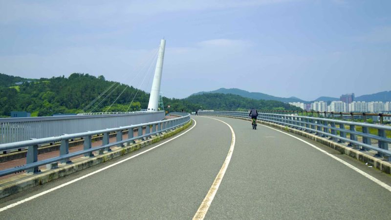 A picture of Gangjeong Goryeong Weir (강정고령보) along the Nakdong River in Daegu, South Korea.