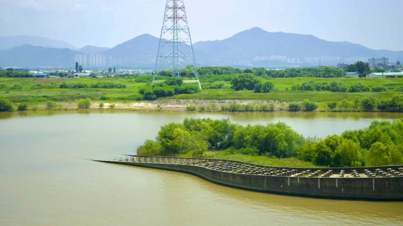 A picture of Gangjeong Goryeong Weir (강정고령보) along the Nakdong River in Daegu, South Korea.