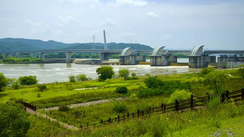 A picture of Gangjeong Goryeong Weir (강정고령보) along the Nakdong River in Daegu, South Korea.