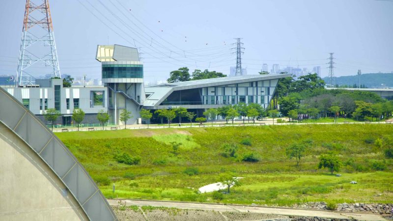 A picture of Gangjeong Goryeong Weir (강정고령보) along the Nakdong River in Daegu, South Korea.