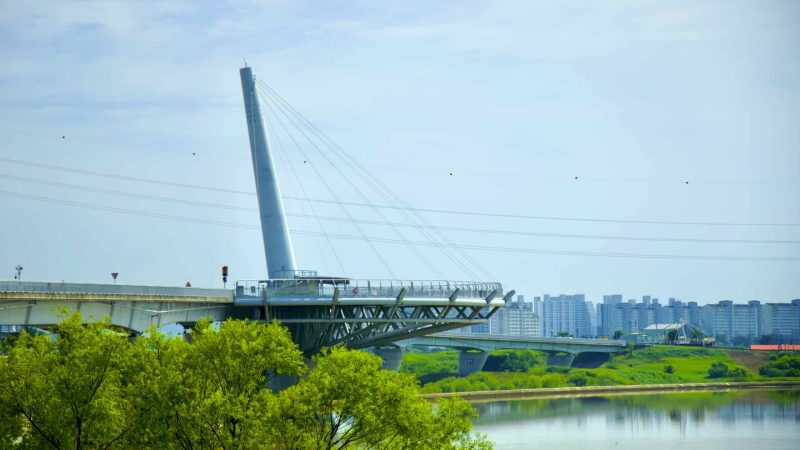 A picture of Gangjeong Goryeong Weir (강정고령보) along the Nakdong River in Daegu, South Korea.