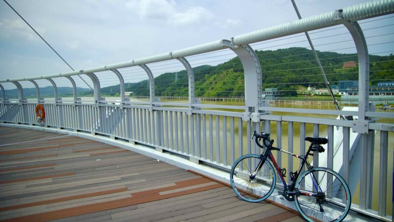 A picture of Gangjeong Goryeong Weir (강정고령보) along the Nakdong River in Daegu, South Korea.
