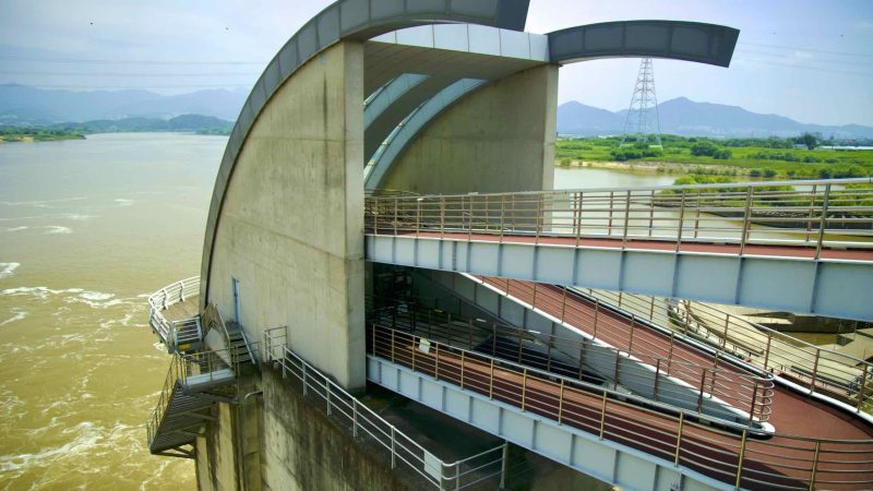 A picture of Gangjeong Goryeong Weir (강정고령보) along the Nakdong River in Daegu, South Korea.