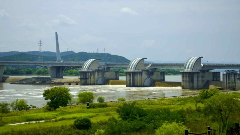 A picture of Gangjeong Goryeong Weir (강정고령보) along the Nakdong River in Daegu, South Korea.