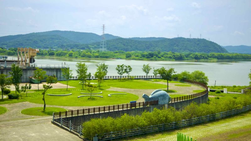 A picture of Gangjeong Goryeong Weir (강정고령보) along the Nakdong River in Daegu, South Korea.
