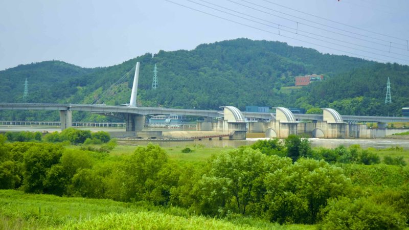 A picture of Gangjeong Goryeong Weir (강정고령보) along the Nakdong River in Daegu, South Korea.