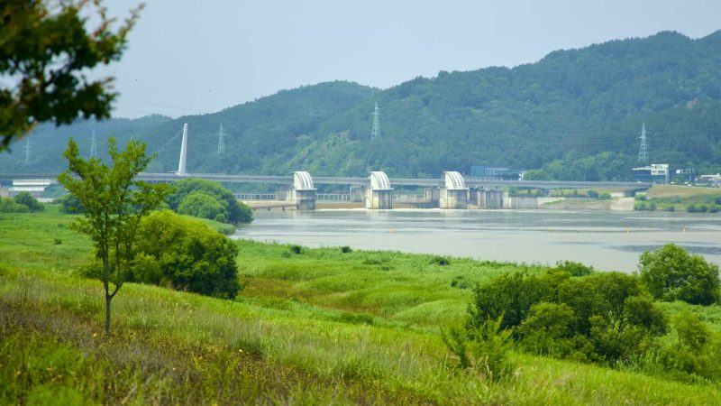 A picture of Gangjeong Goryeong Weir (강정고령보) along the Nakdong River in Daegu, South Korea.
